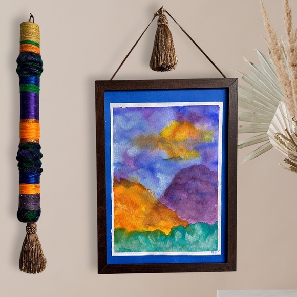 Hand Crafted Other - Colorful Watercolor Abstract Art with Matching Cylindrical Fiber Art 2 Pc. Set